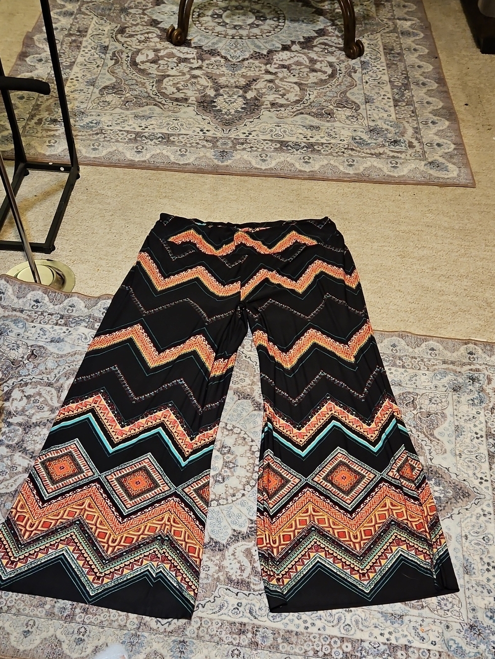 Cato Black Wide-Leg Chevron Palazzo Pants with Orange & Teal Accents